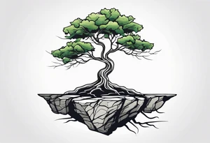 Tree growing out of stone cliff with roots creating cracks tattoo idea