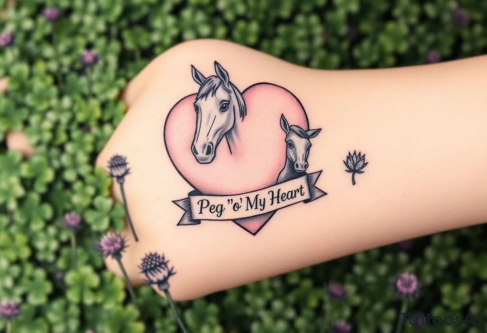 a big pale pink heart and a horse in a huge patch of green shamrocks, and purple thistles, with a banner across the heart that says Peg 'o My Heart tattoo idea