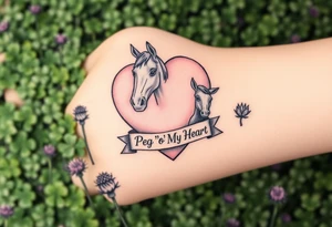 a big pale pink heart and a horse in a huge patch of green shamrocks, and purple thistles, with a banner across the heart that says Peg 'o My Heart tattoo idea