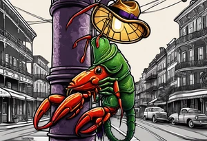In the style of anthropomorphism, a crawfish standing by a lamp post in the French Quarter playing a saxophone while wearing a Fedora and Mardi Gras beads around his  neck tattoo idea