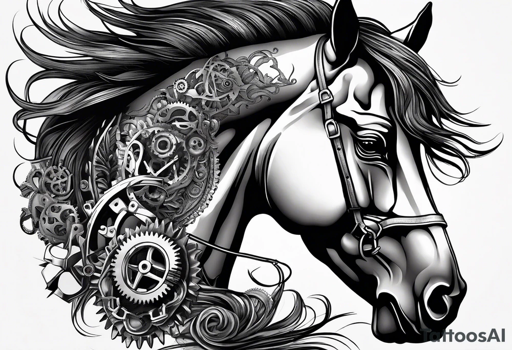 A horse head made fully out of gears and a mane made out of rope tattoo idea