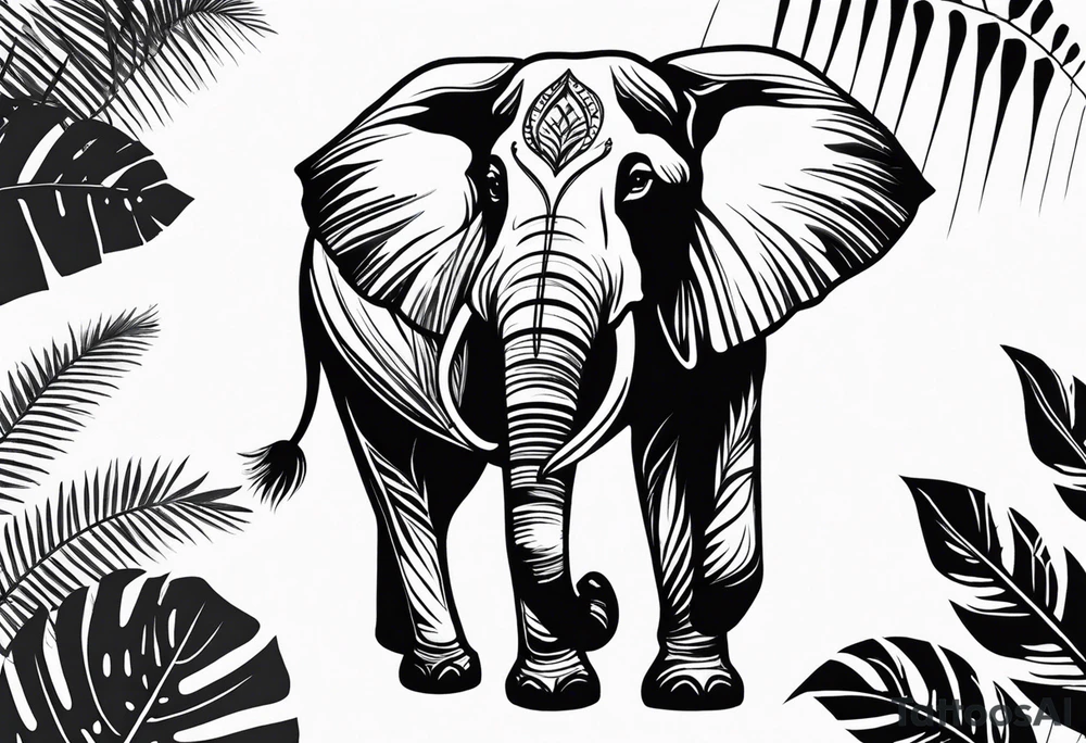 “A majestic elephant with its trunk raised, surrounded by tropical foliage, symbolizing memory and strength tattoo idea