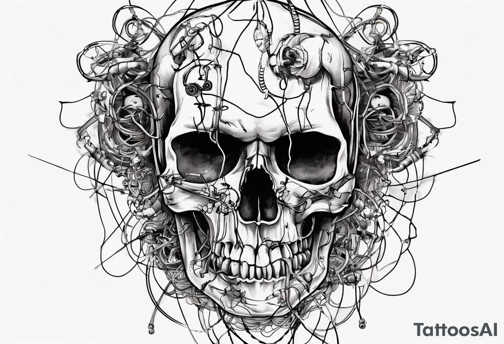 Skull covered in wires tattoo idea