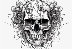 Skull covered in wires tattoo idea
