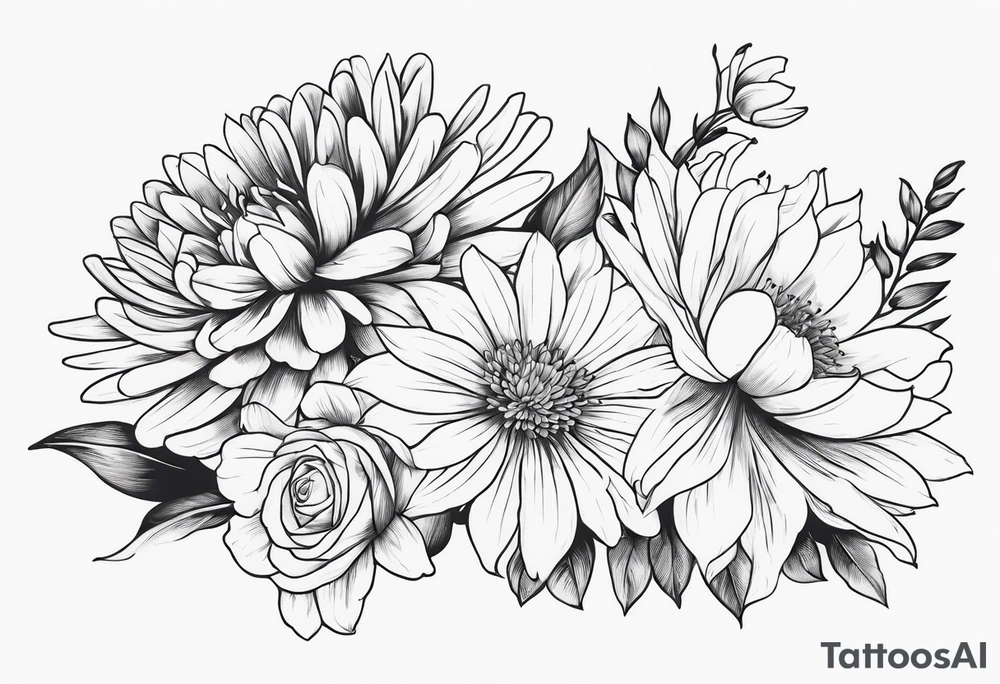Asters, roses, lillies, and chrysanthemums in a long line tattoo idea