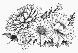 Asters, roses, lillies, and chrysanthemums in a long line tattoo idea