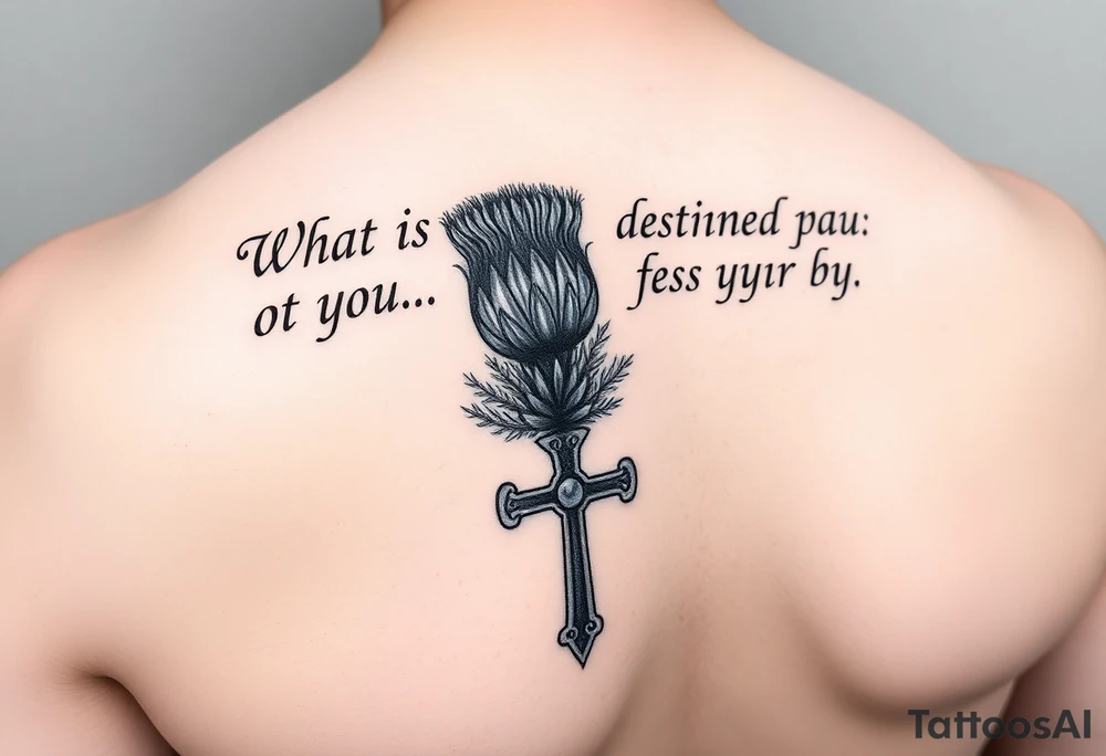 include the Scottish Gaelic translation of, "What is destined for you won't pass you by" and the Scottish thistle along with a Scottish Celtic cross. To be tattooed on the forearm tattoo idea