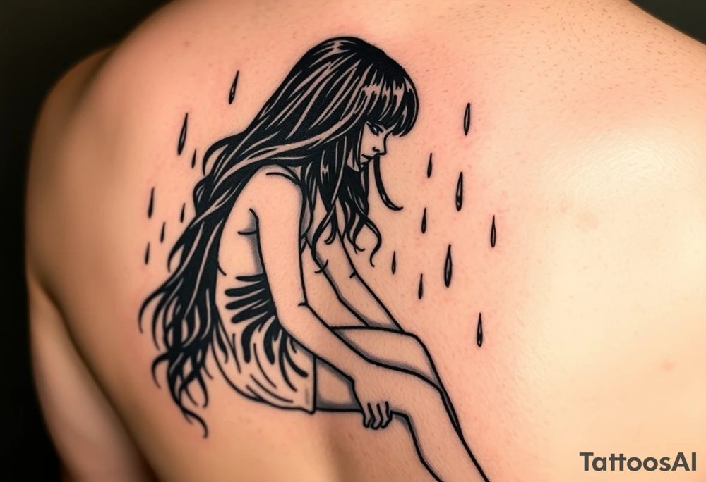 A girl sitting in the rain  letting the rain take her away as it pours almost like she’s fading tattoo idea