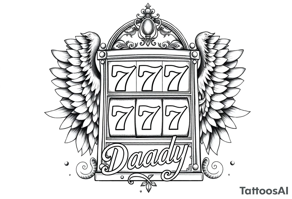 Slot machine with 777 and the word Daddy with angel wings tattoo idea