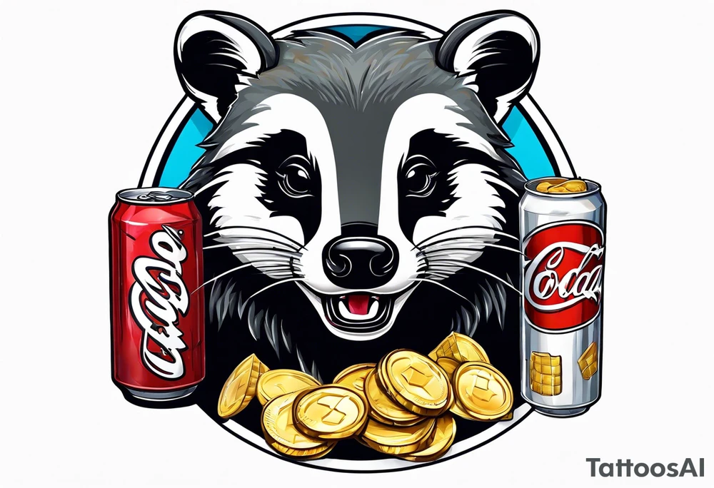 badger with mouth open with soda can and chips tattoo idea