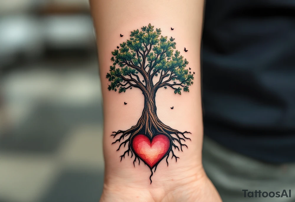 A tree with a strong trunk, and the roots forming a heart shape at the base. Small leaves gently flutter around the branches. Earthy browns for the trunk, rich green for the leaves, and soft red and pink tones for the heart-shaped roots. tattoo idea