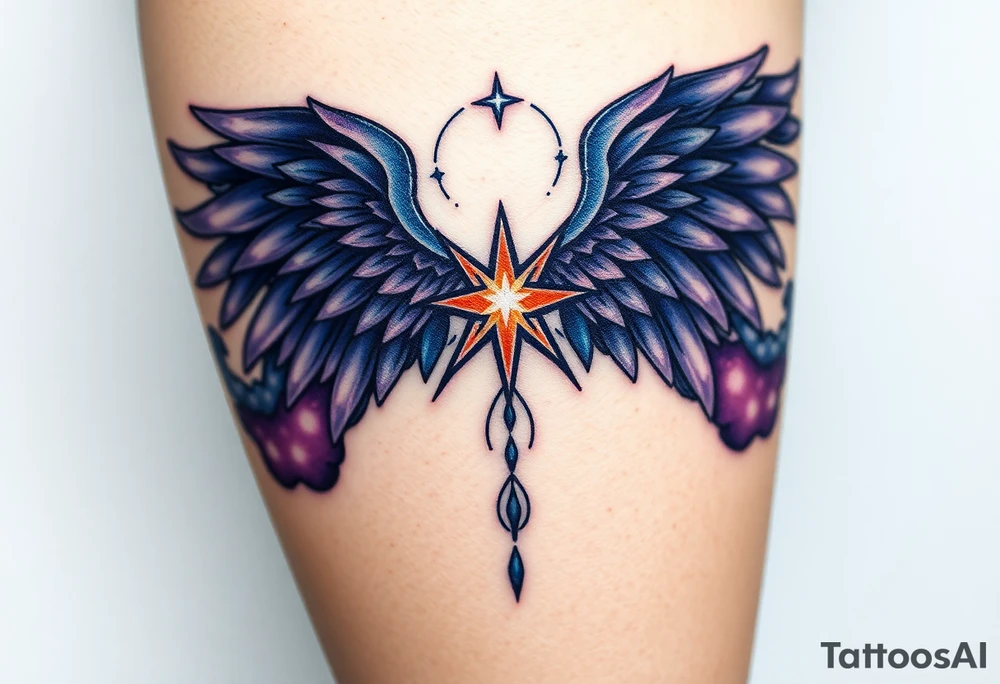 A celestial angel with dark wings and a radiant star in the center of its chest, surrounded by clouds of dark blue and deep purple. tattoo idea