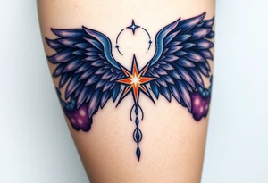 A celestial angel with dark wings and a radiant star in the center of its chest, surrounded by clouds of dark blue and deep purple. tattoo idea