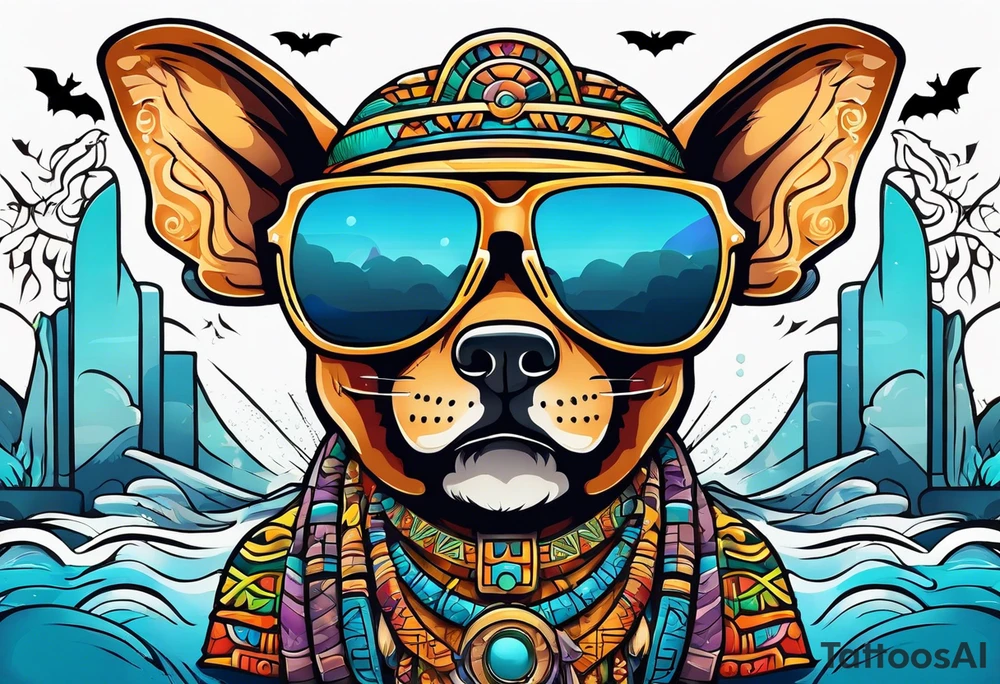 Colorful Mayan hieroglyph wearing sunglasses with bats and water tattoo idea