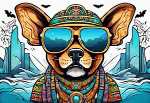 Colorful Mayan hieroglyph wearing sunglasses with bats and water tattoo idea