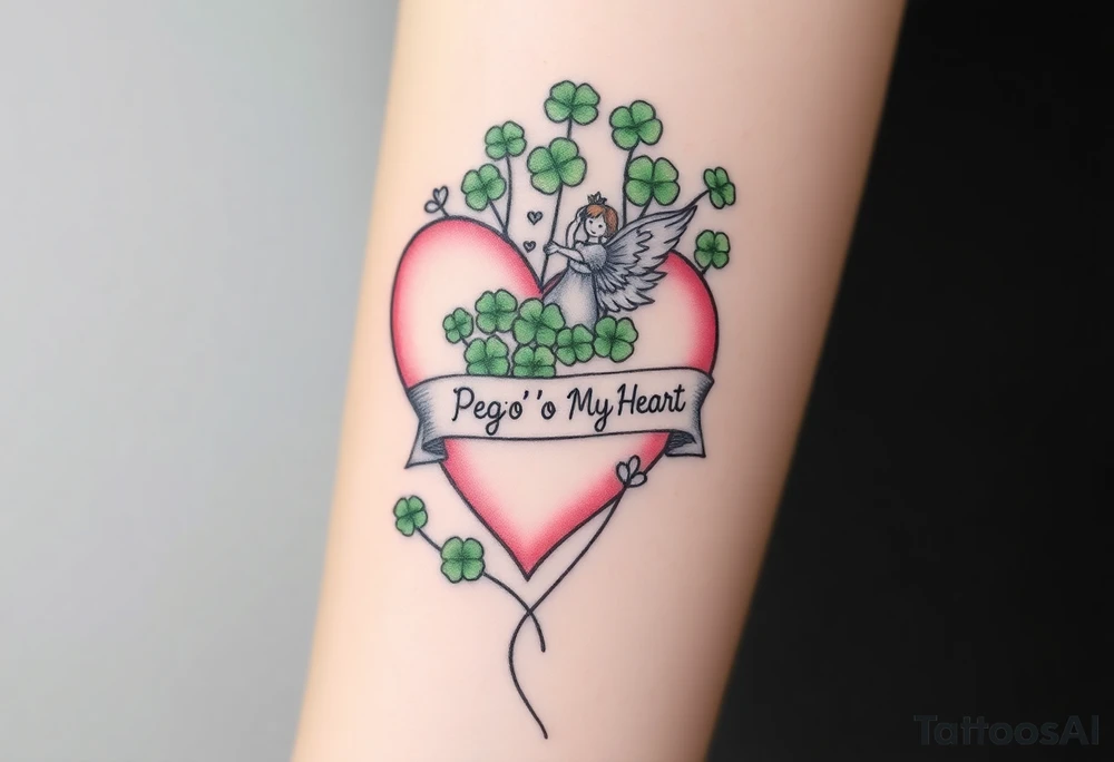 a big pale pink heart and a whimsical angel in a bunch of green shamrocks, a banner across the heart that says Peg 'o My Heart tattoo idea