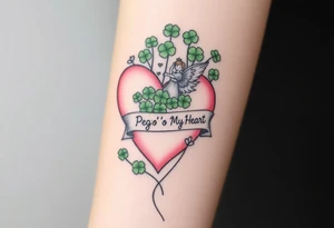 a big pale pink heart and a whimsical angel in a bunch of green shamrocks, a banner across the heart that says Peg 'o My Heart tattoo idea