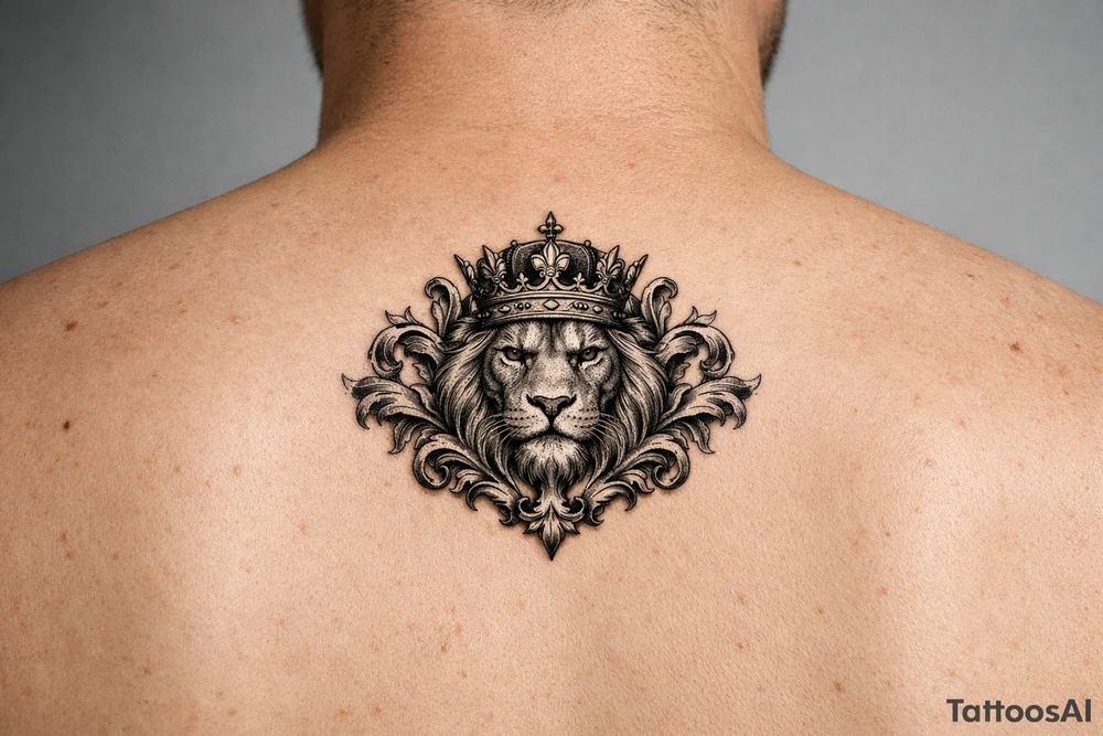 majestic lion wearing ornate crown, surrounded by baroque flourishes tattoo idea