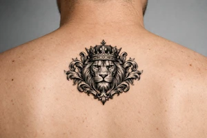 majestic lion wearing ornate crown, surrounded by baroque flourishes tattoo idea