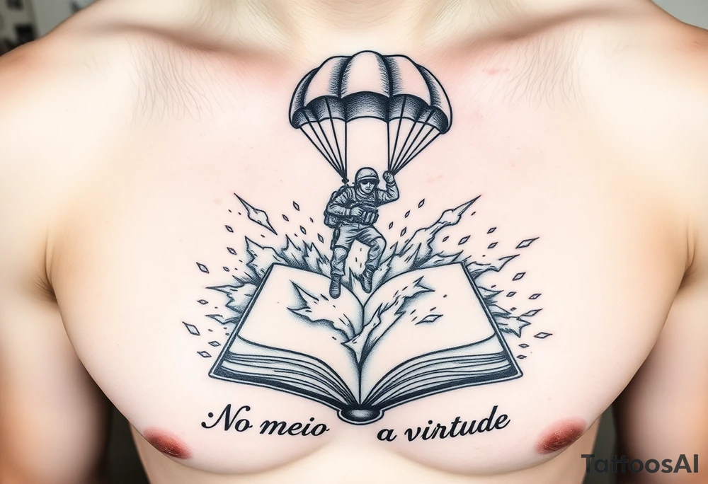 A parachuting soldier landing into an open book. Chaos surrounding, but the book is protecting the soldier from it. On the chest. Make it smaller. Make it thought provoking. "No meio esta a virtude" underneath the book tattoo idea