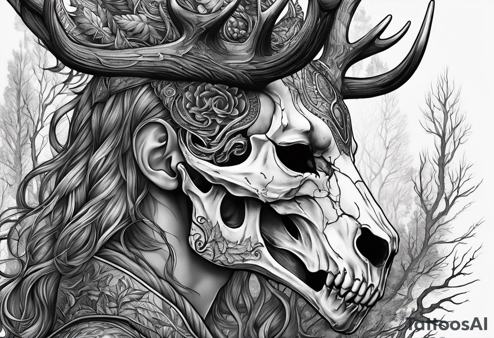 A side profile of a human with a deer skull head, forest fire tattoo idea