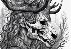 A side profile of a human with a deer skull head, forest fire tattoo idea