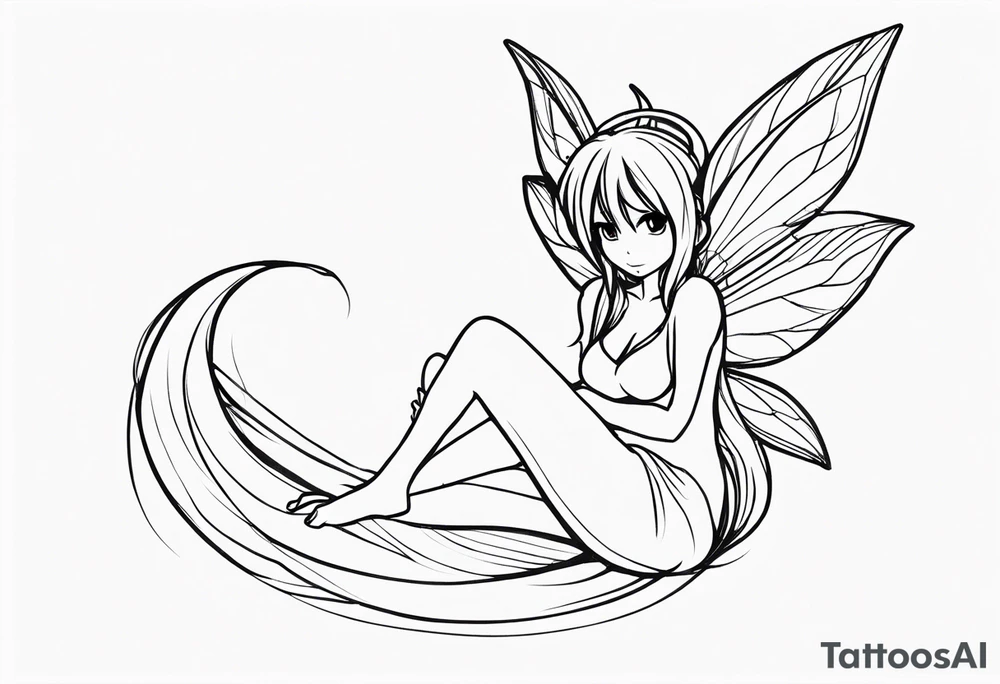 No color sketch of a fairy with a tail inspired by the guild symbol in the anime show called Fairy Tail in a fetal position leaning forward while crawled in hugging herself with hands a bit forward and her body is an angle while floating in the air tattoo idea