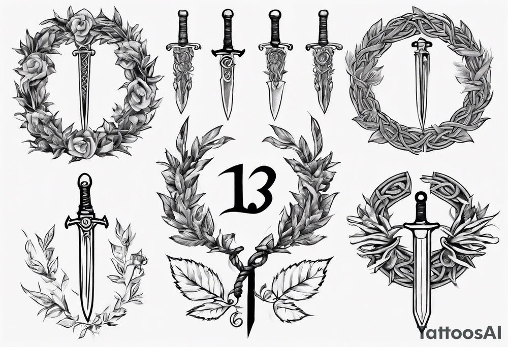 The number 13 in the middle of a laurel leaf wreath, Celtic sword and amor fati. tattoo idea
