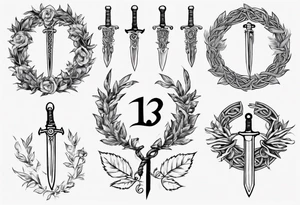 The number 13 in the middle of a laurel leaf wreath, Celtic sword and amor fati. tattoo idea