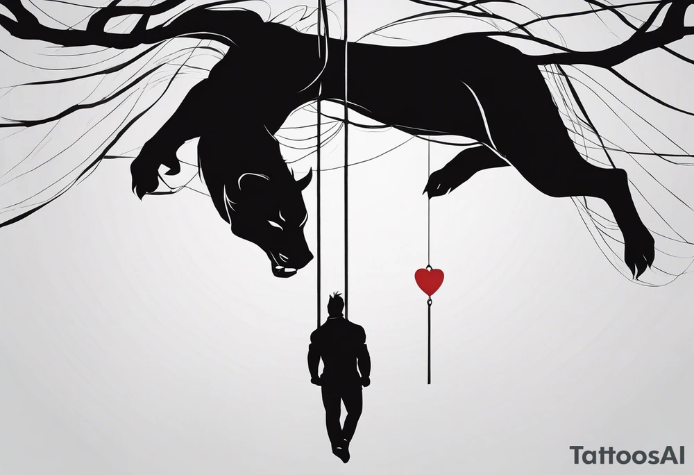 A man suspended in mid-air, held by a rope tied around his neck, the rope stemming from his own heart. The heart symbolizes his emotions and feelings, keeping him trapped within himself, unable to move forward.

On one side of him, a menacing beast represents his rage and inner fury. The beast glows with the weight of his sins and mistakes, embodying the destructive power of his darkest emotions. Its eyes burn with anger, and its claws seem ready to tear through his psyche, an embodiment of the chaos he battles within.

On the other side, a serene, angelic figure represents his good side, radiating peace and hope. This figure calls out to him, beckoning him toward redemption and a righteous path. The angel’s calm expression and open hand reflect compassion, purity, and the promise of a better future.

The design should be rendered in a stylish old-school black-and-white aesthetic, with intricate linework and shading to add depth and realism. The stark contrast between the man, the beast, and the angel will emphasize the internal conflict. A balance of bold outlines and fine details will evoke a sense of timelessness and emotional intensity, making the tattoo visually striking and deeply symbolic. tattoo idea