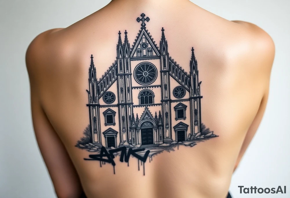 Milan Cathedral ruined and covered in graffiti, large tattoo, lower back area tattoo idea