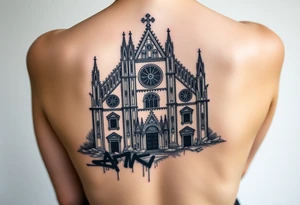 Milan Cathedral ruined and covered in graffiti, large tattoo, lower back area tattoo idea