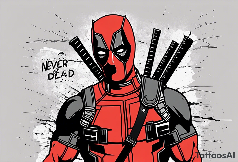 Banner with Text: A worn, dark banner wraps around Deadpool with the phrase "NEVER DEAD" in bold, cracked letters that give a strong and aggressive impression. The banner has small torn details, as if it’s been through rough conditions, with shading that adds depths. tattoo idea