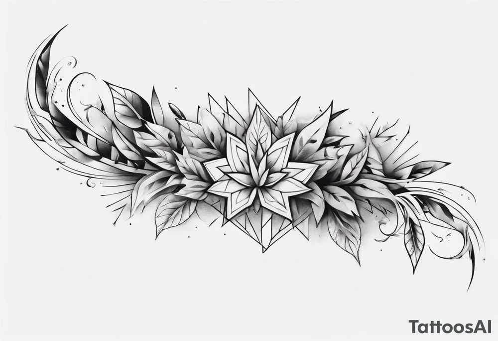 full arm tattoo. pointy leaves combined with geometric shapes. whole arm tattoo idea