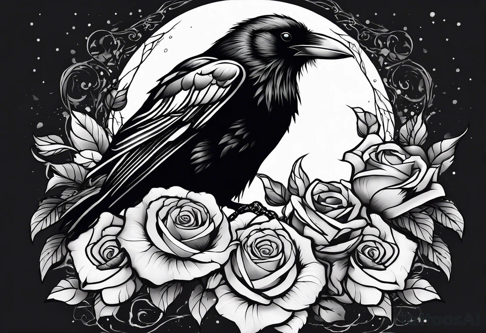 a raven holding a rose in a thunderstorm tattoo idea