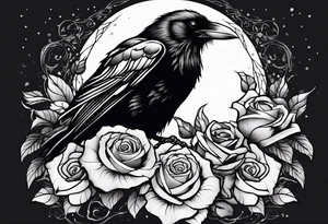 a raven holding a rose in a thunderstorm tattoo idea