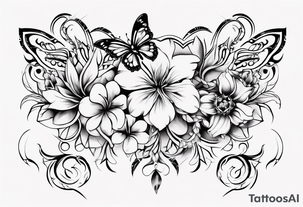 Ankle bracelet tattoo with ornamental style flowers and butterflies and larger in the centre tattoo idea