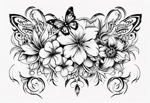 Ankle bracelet tattoo with ornamental style flowers and butterflies and larger in the centre tattoo idea