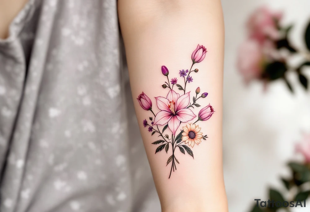 stargazer lillies in light pink with small sunflowers and peonies and purple tulip buds in a dainty wildflower bouquet with stems tattoo idea