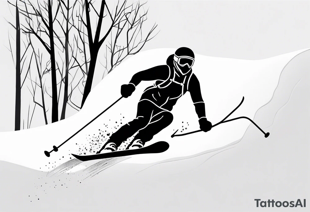 minimalist tattoo of a snow skier sking through trees showing ski trail tattoo idea