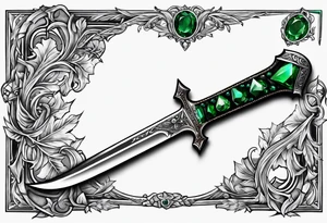 An athame dagger with an oak hilt turned upright and emerald gemstones on it tattoo idea