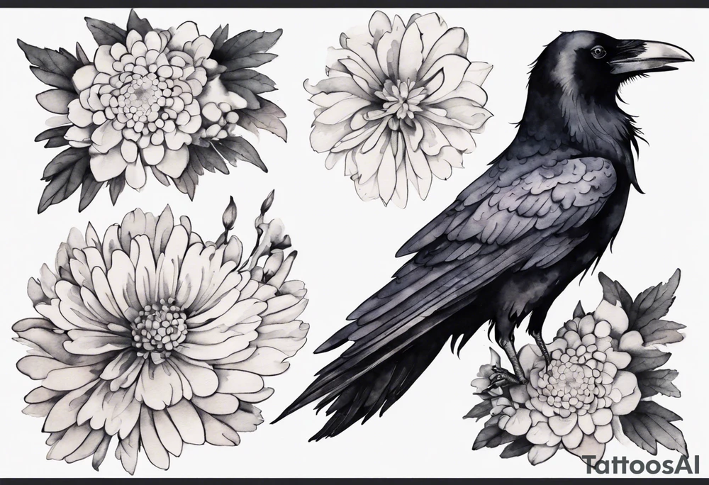 a raven wearing a tiny white chrysanthemum tattoo idea