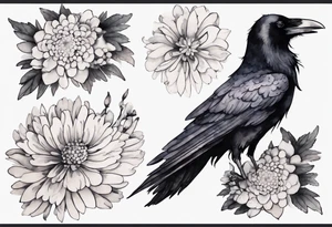 a raven wearing a tiny white chrysanthemum tattoo idea