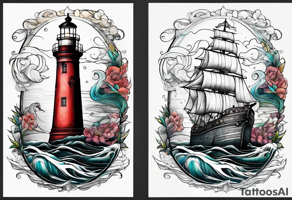 Combination of ship, sea, lighthouse and 1966 tattoo idea