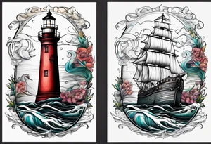 Combination of ship, sea, lighthouse and 1966 tattoo idea