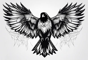 draw the outline of a flying raven, both wings are full on fire tattoo idea