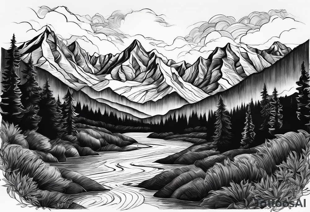 Mountains and in the mountains is a sun with sunbeams that comes out on the mountains from the mountains a river runs down tattoo idea