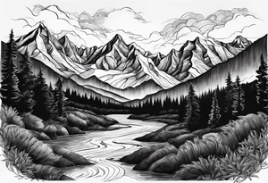 Mountains and in the mountains is a sun with sunbeams that comes out on the mountains from the mountains a river runs down tattoo idea
