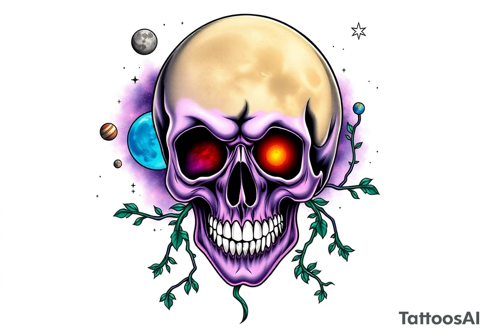 gothic skull as the moon and life as the sun. intertwined with climbing  vines as space dust connecting planets and galaxy in background of skull really bright colors used for the planets and stars shade's of Purple, Blue and black as the backdrop for galaxy tattoo idea