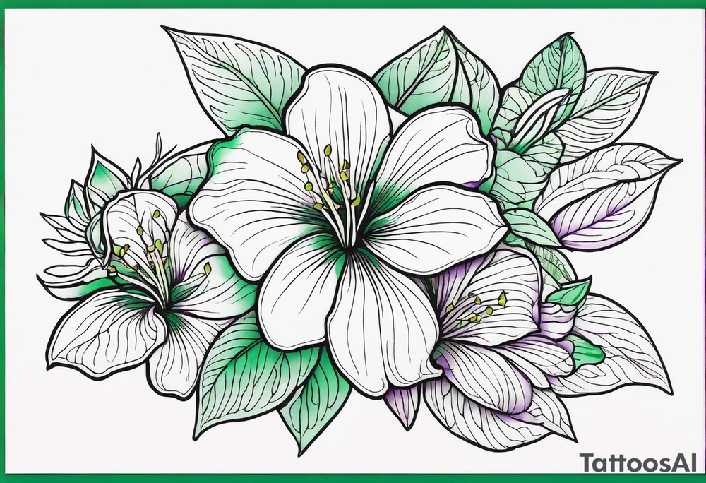 An outline of a rio dipladenia flower with a splatter green and purple background tattoo idea